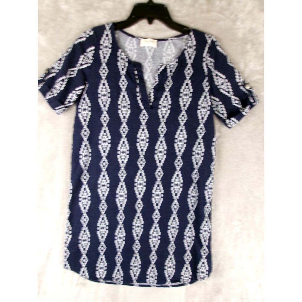 Everly Blue White Aztec Linen Cotton Tunic Shift Dress M Boho